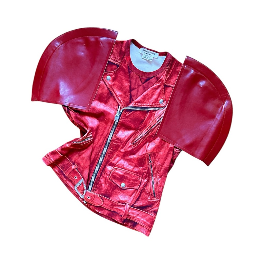 RARE Junya Watanabe CDG Red Trompe L’oeil Moto Jacket T-shirt Leather Cap Sleeve